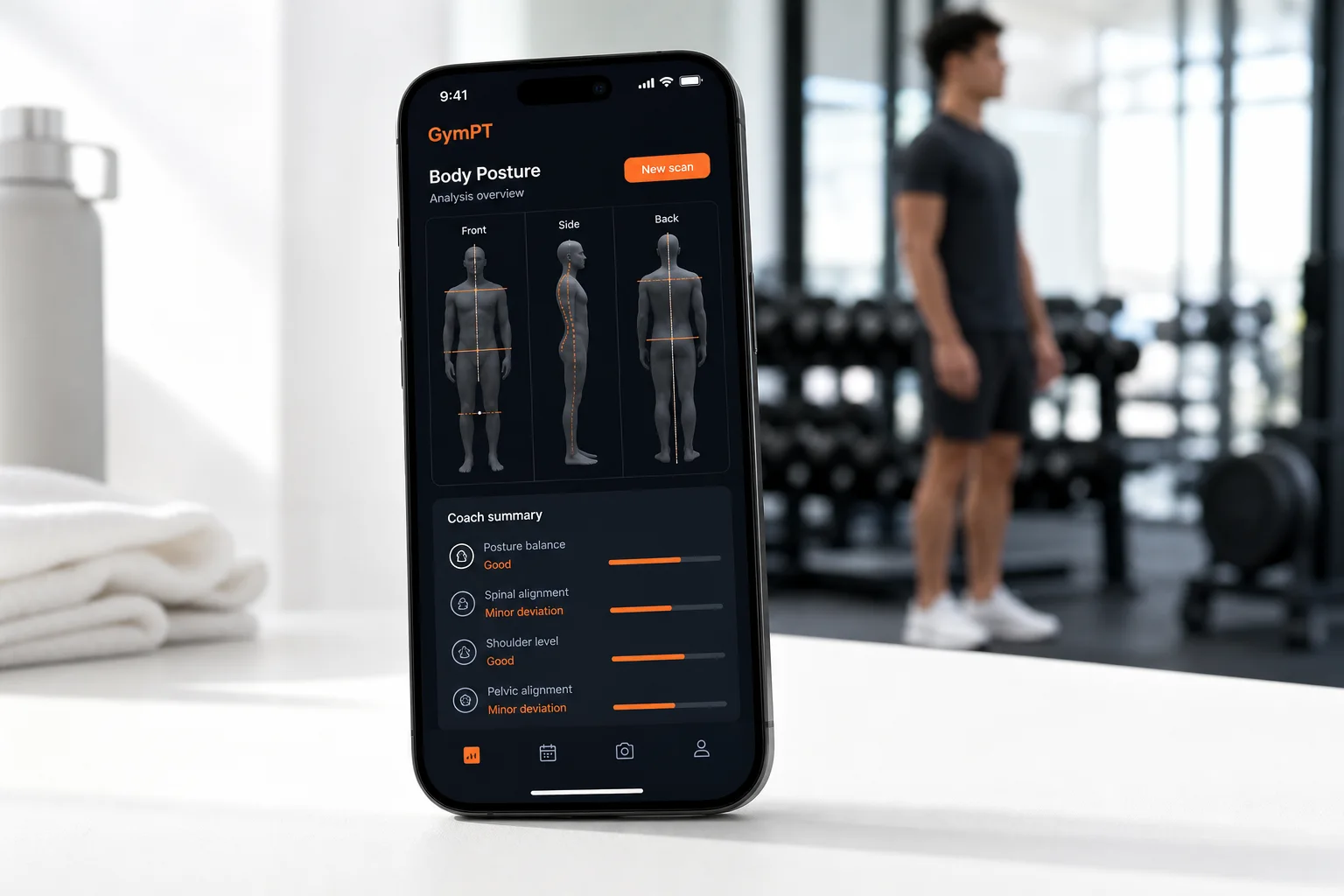 GymPT body posture analysis app screen on a smartphone with posture feedback