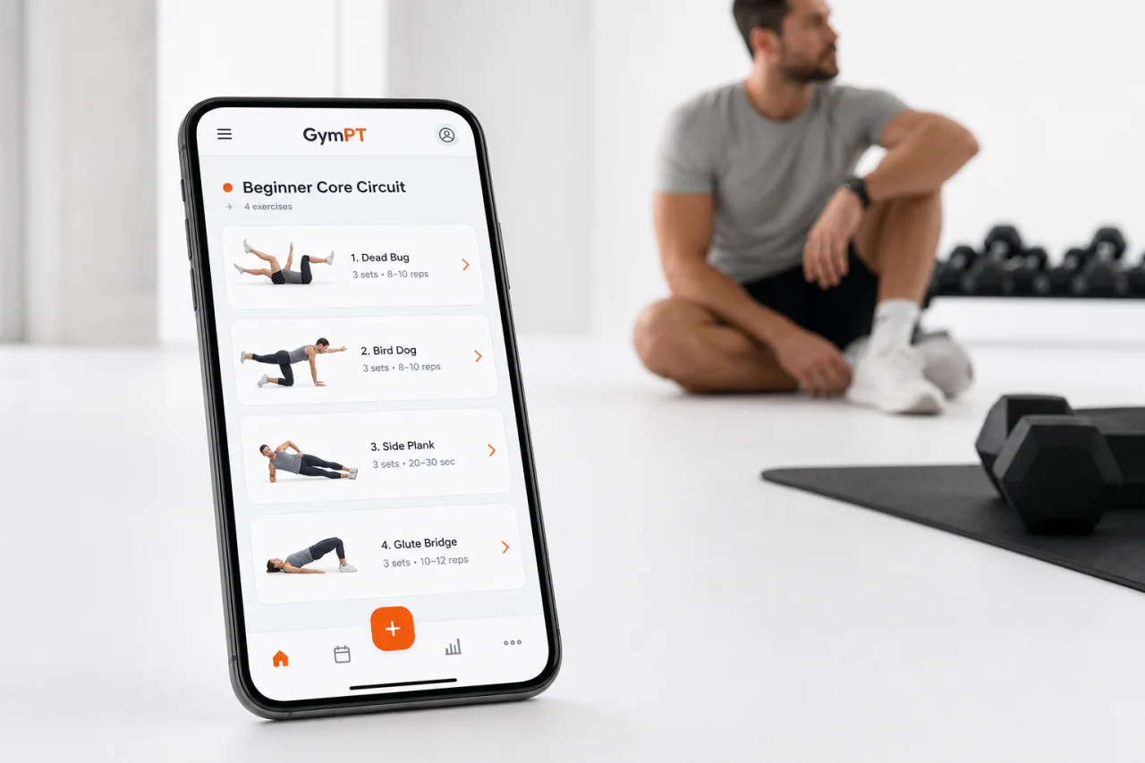 GymPT beginner core workout plan on mobile