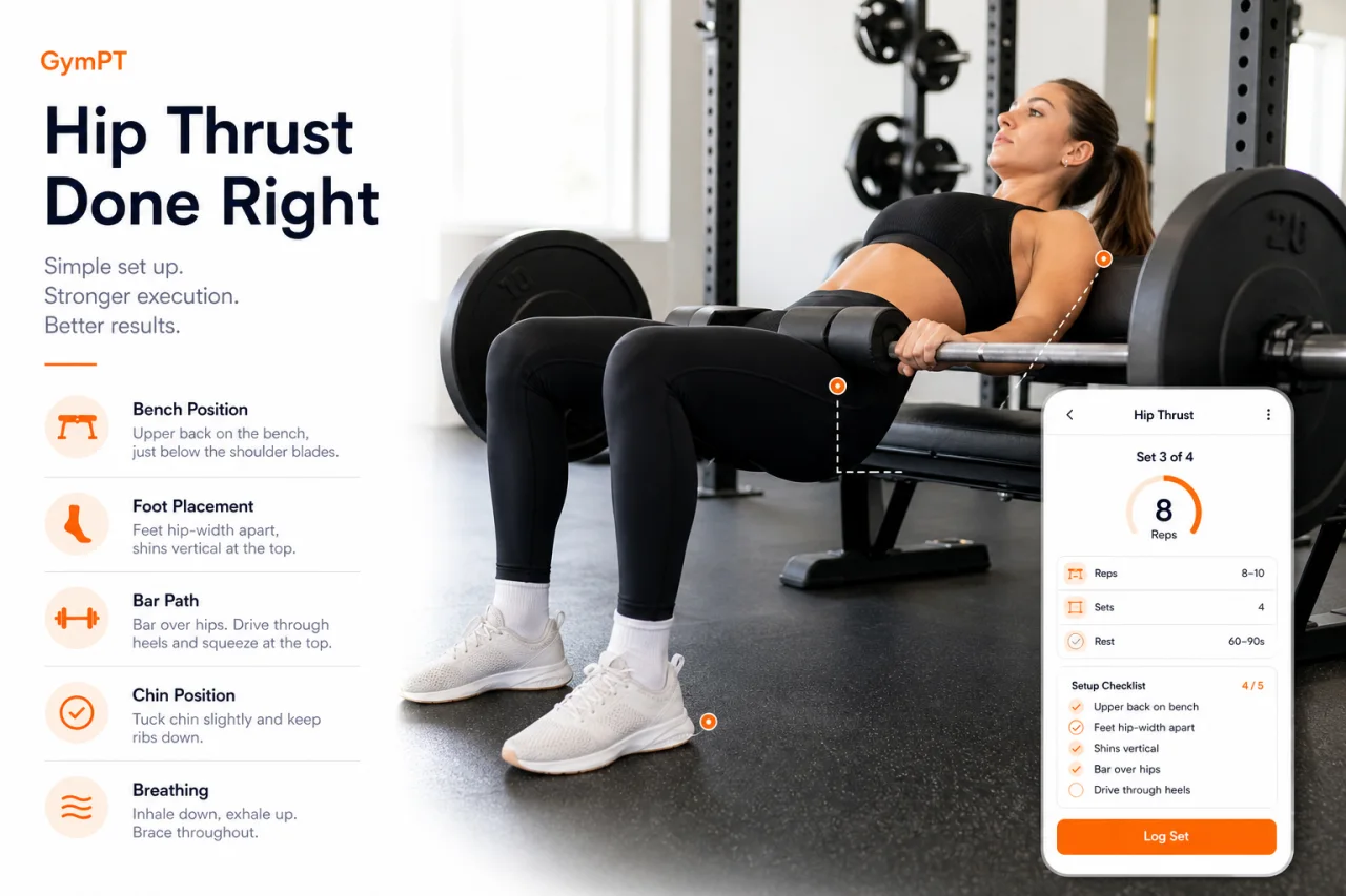 Hip thrust setup and coaching cues in GymPT app style