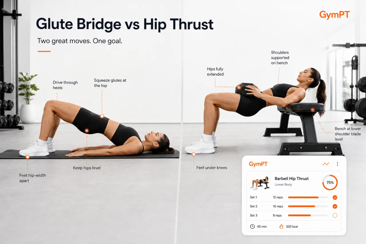 Glute bridge vs hip thrust comparison in GymPT style