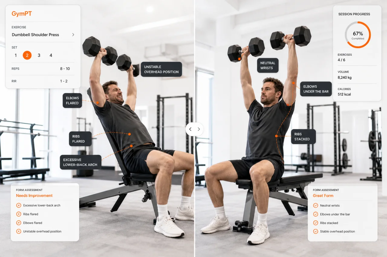 Shoulder press form comparison showing common mistakes and correct technique