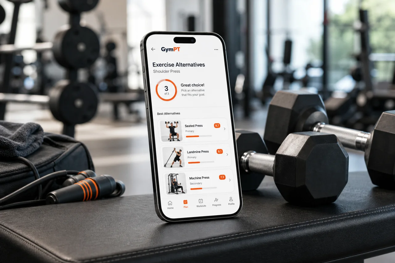 GymPT app suggesting shoulder press alternatives and progress tracking