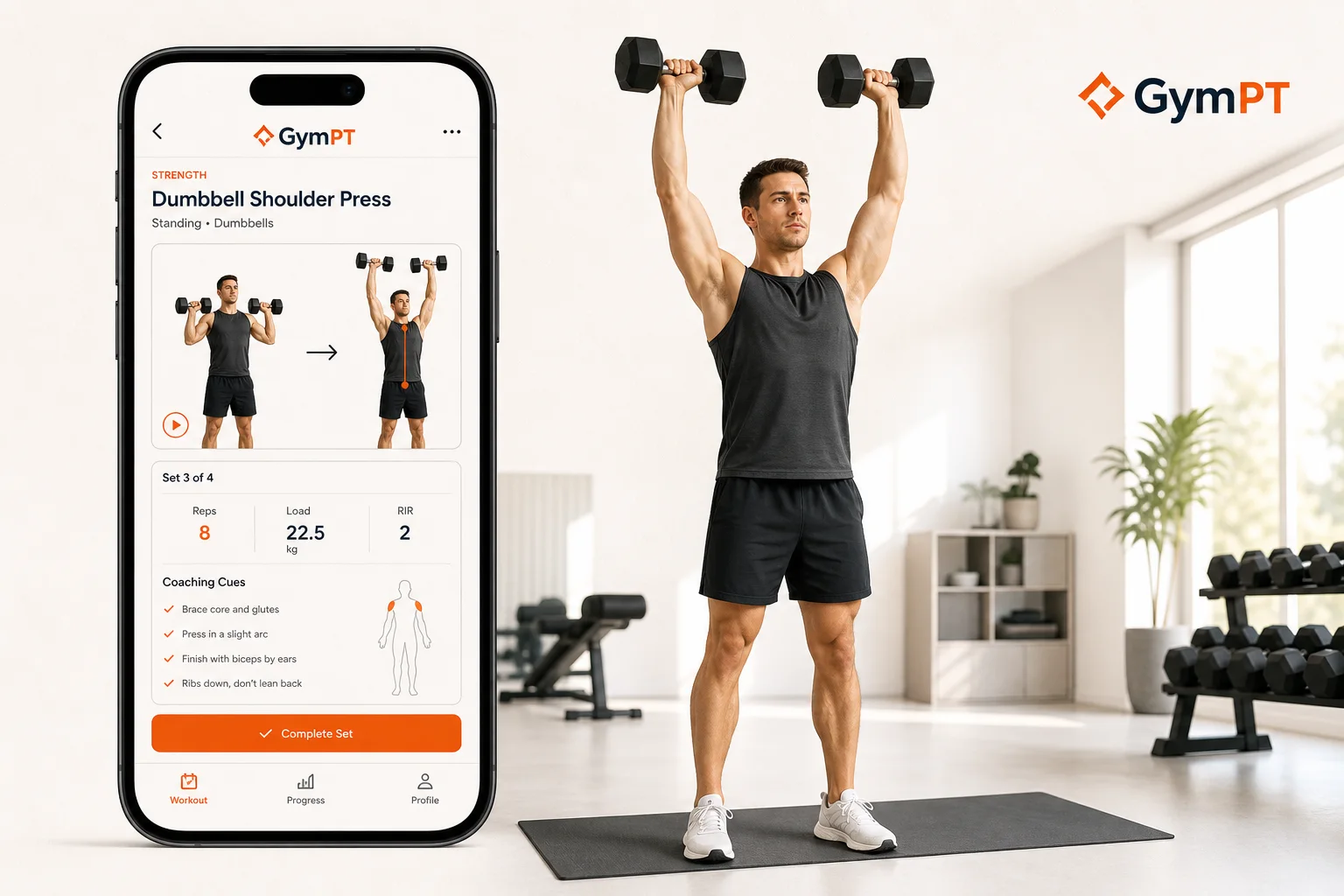 Athlete performing a clean shoulder press with GymPT app coaching on screen
