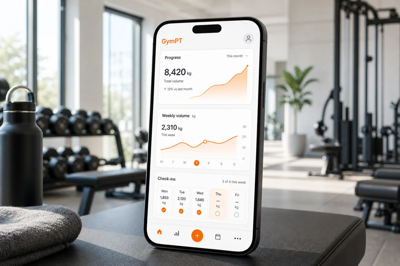 GymPT progress insights screen with weekly training trend
