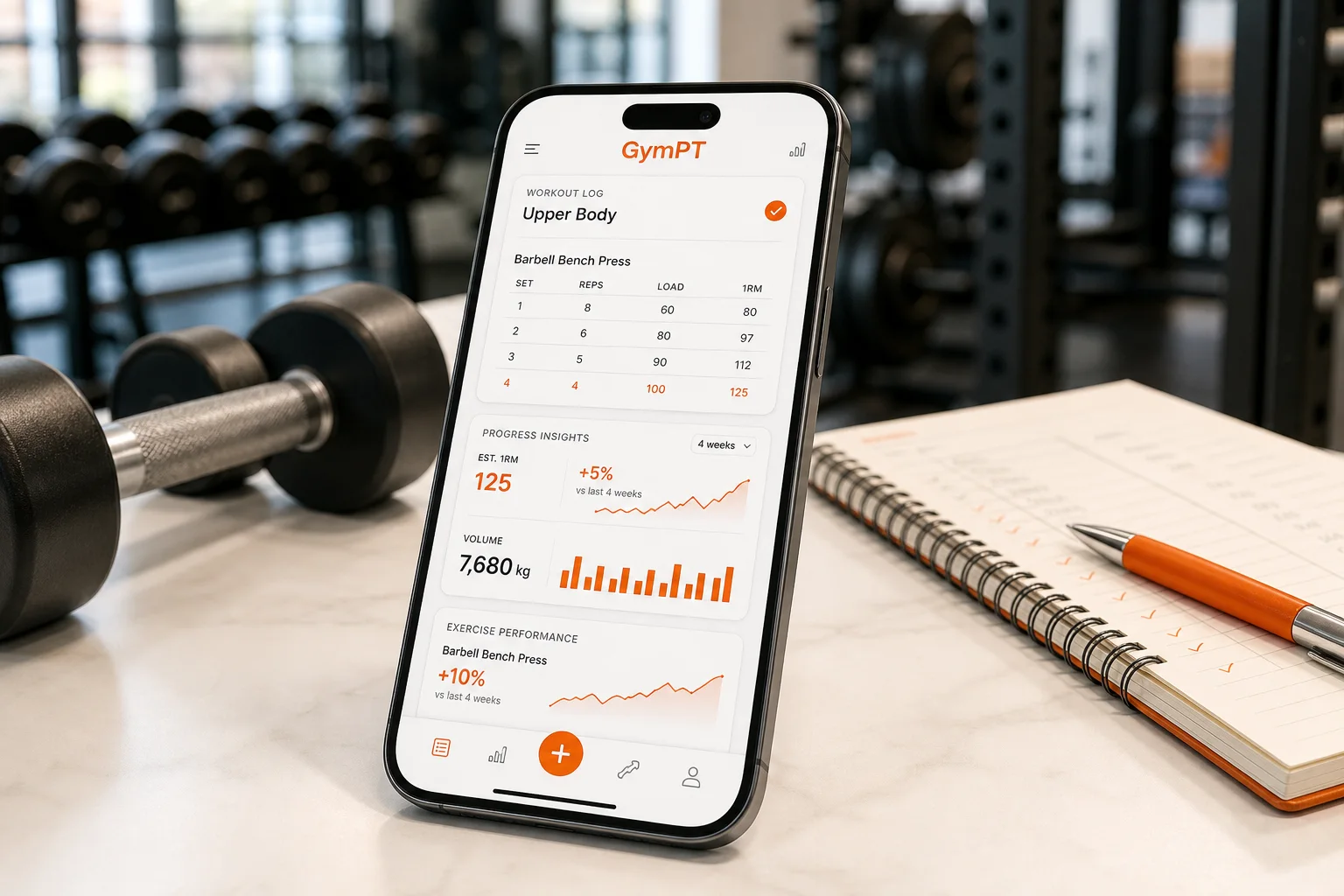 GymPT app showing workout log and progress insights on a clean editorial desk