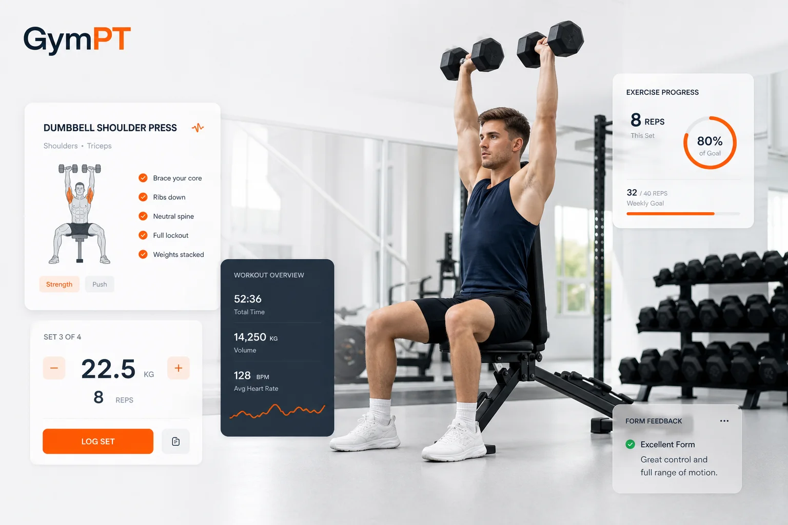Athlete performing a strict dumbbell shoulder press with GymPT app overlay