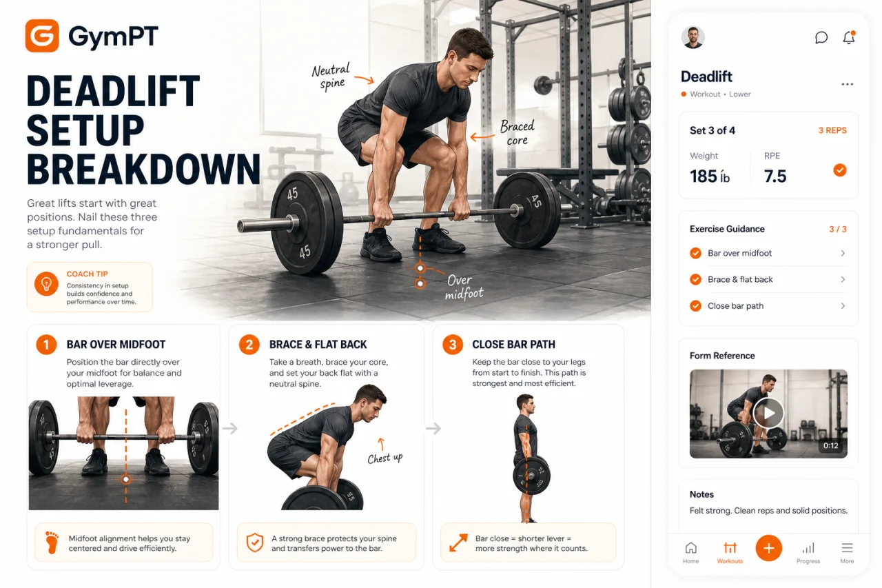 Deadlift setup cues and bar path visual for GymPT