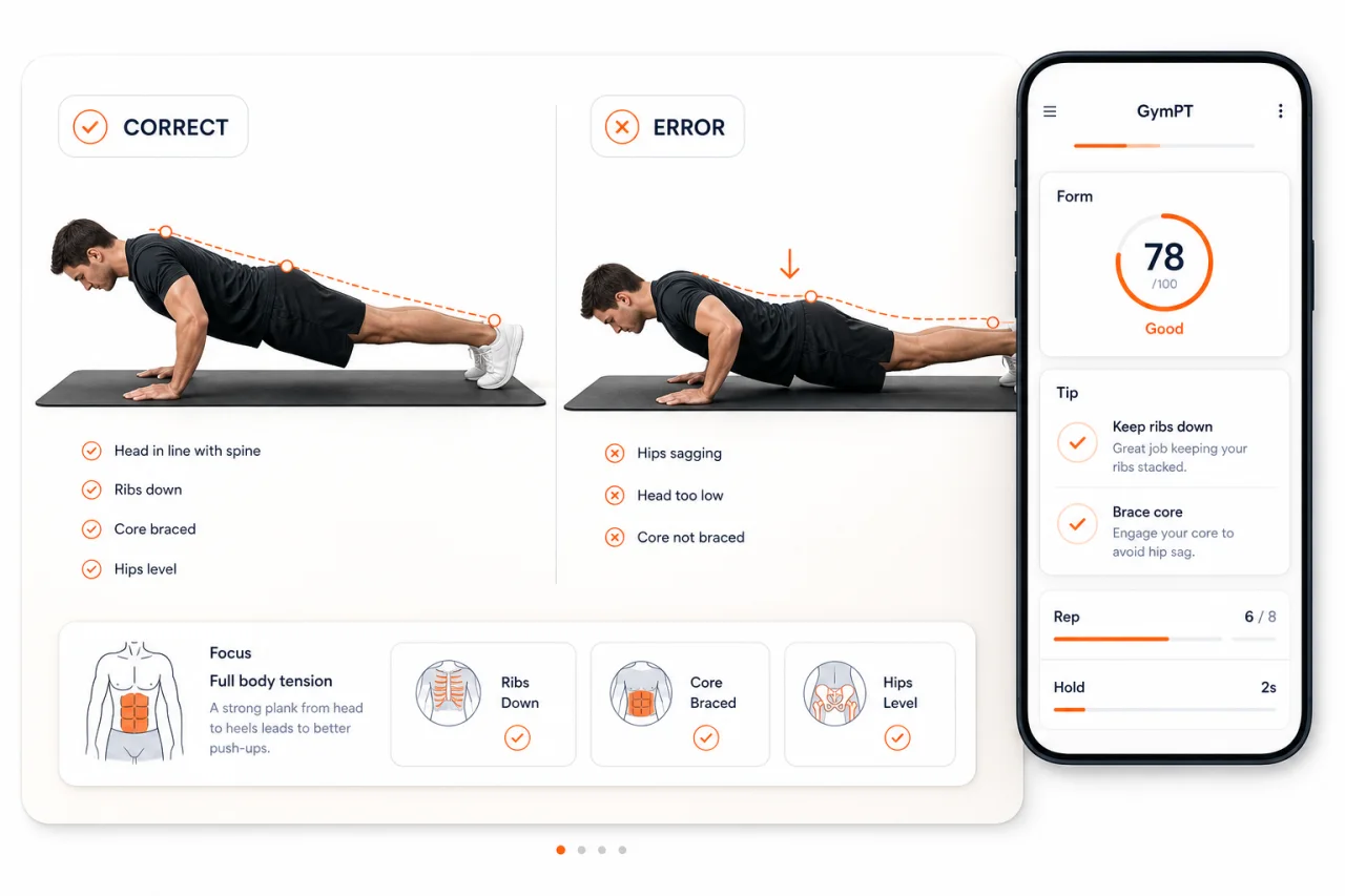 GymPT coaching visual showing correct and incorrect push-up form