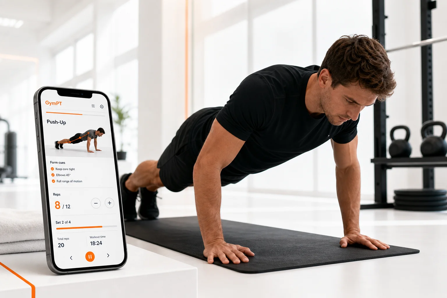 GymPT push-up form guide featured image with workout tracking on a phone
