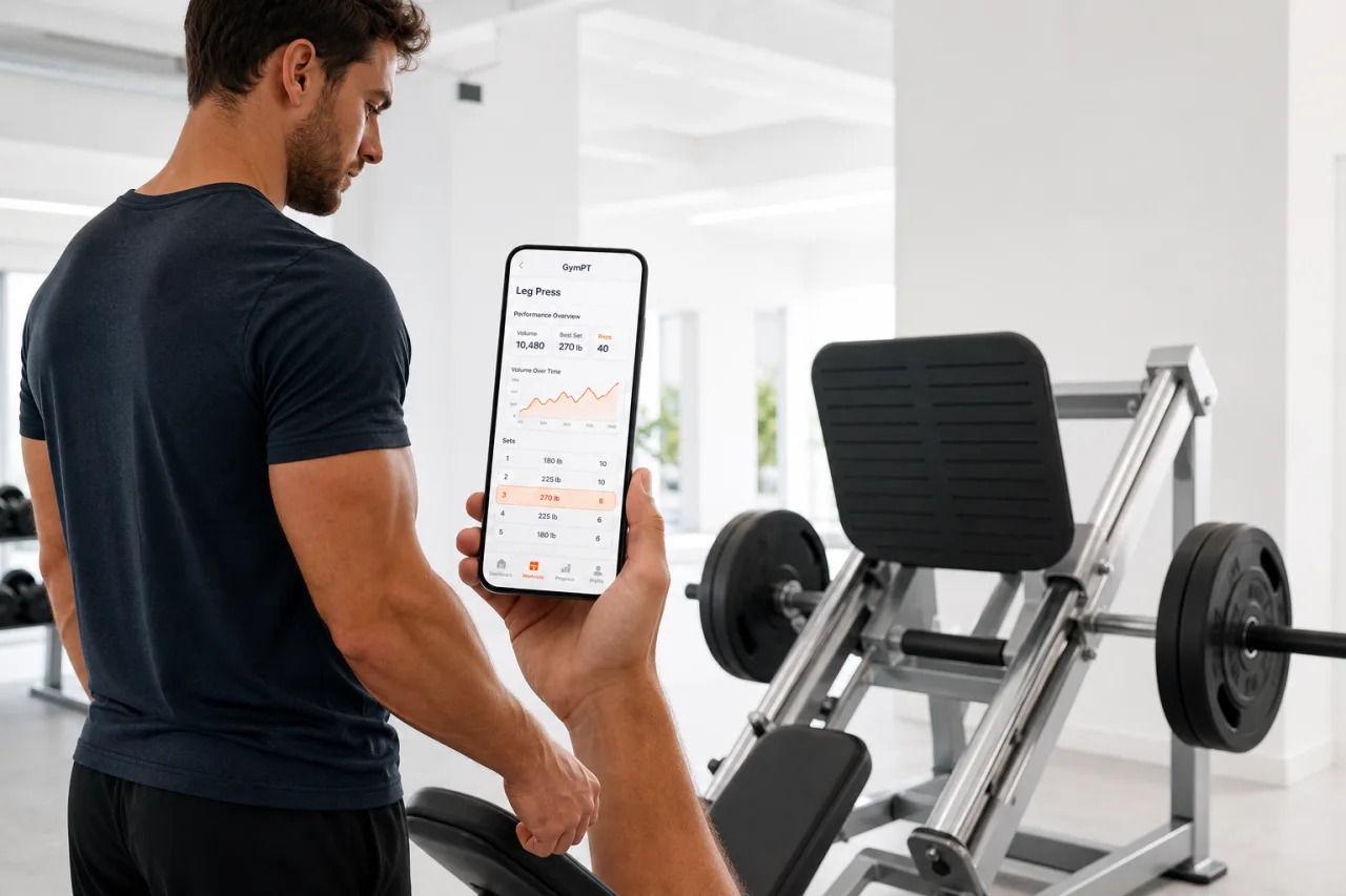 GymPT workout tracking visual beside a leg press machine