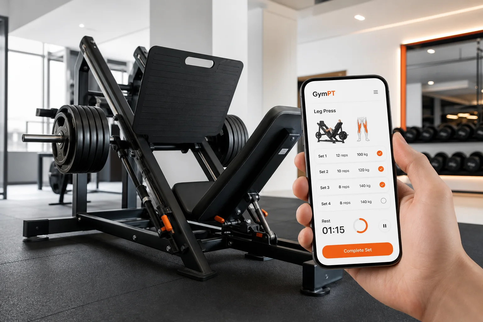 GymPT leg press coaching visual with app overlay in a modern gym