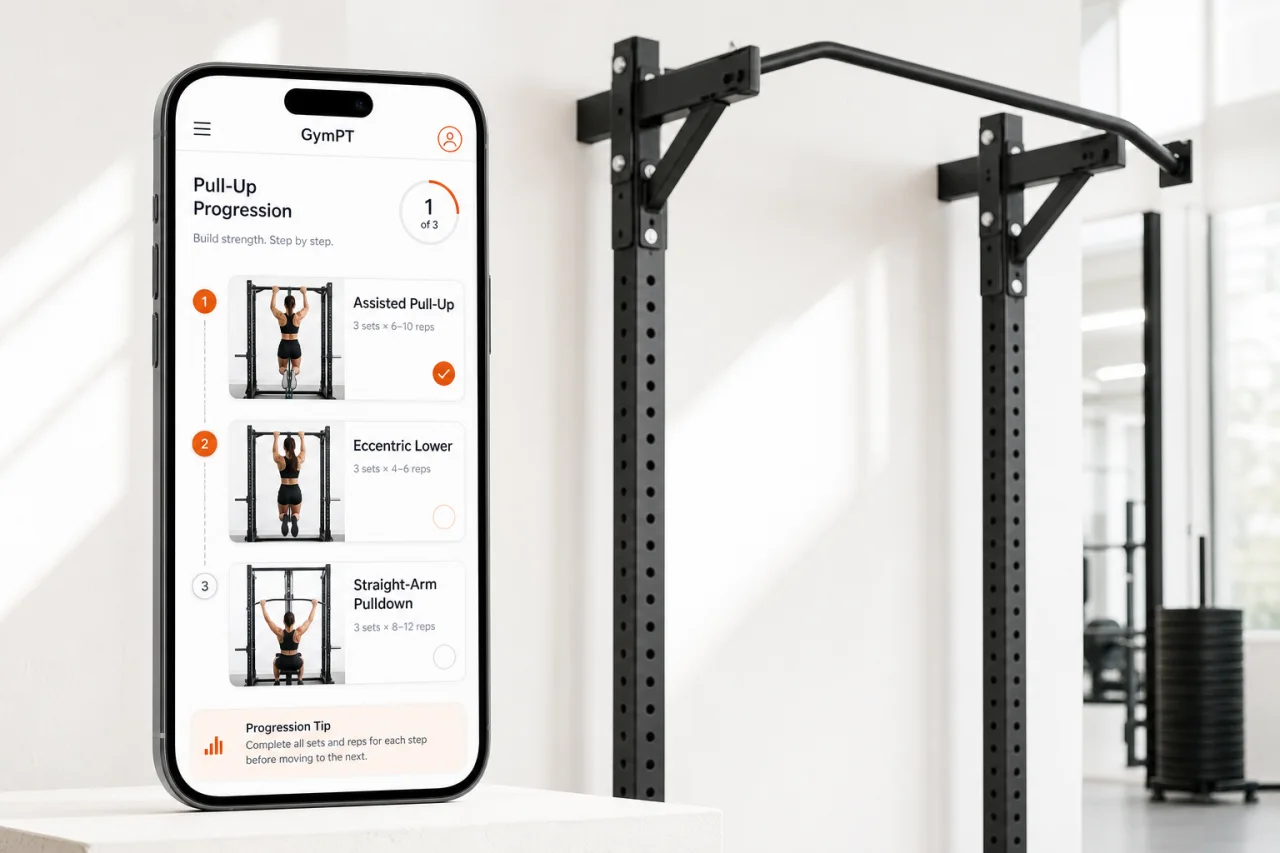 GymPT pull-up progression options in a clean coaching dashboard