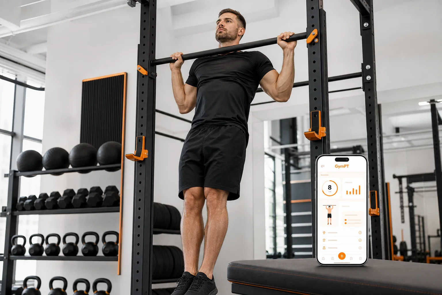 GymPT-style pull-up form setup in a premium gym editorial scene