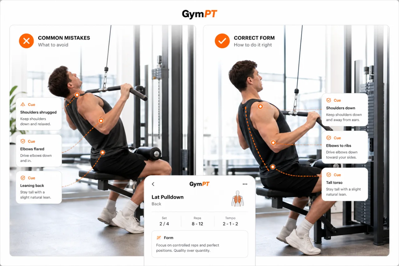 Lat pulldown mistakes compared with better form cues in GymPT style