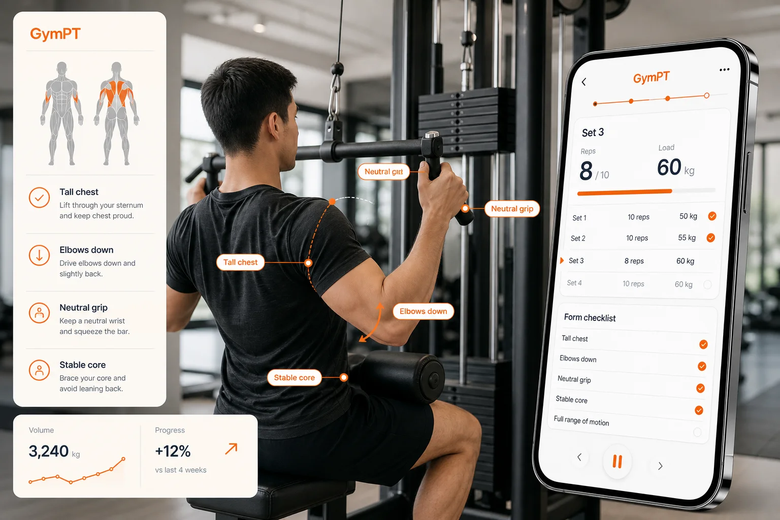 GymPT app visual showing a lat pulldown setup with form cues