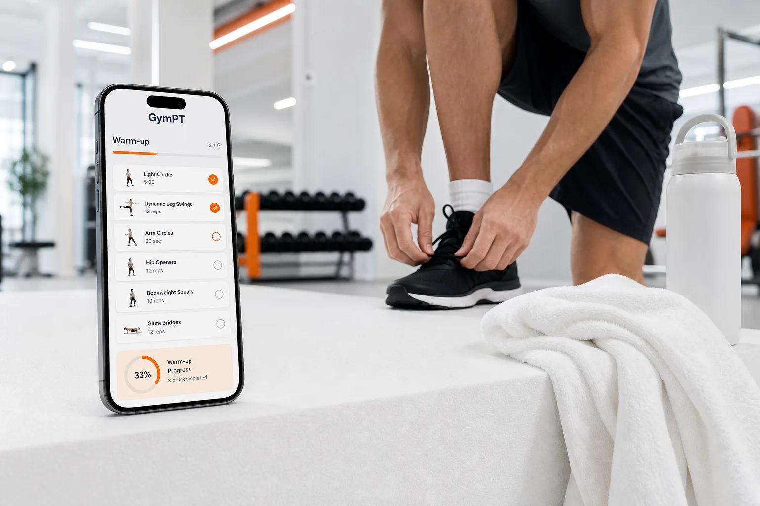 GymPT warm-up checklist on a phone in a modern gym setting