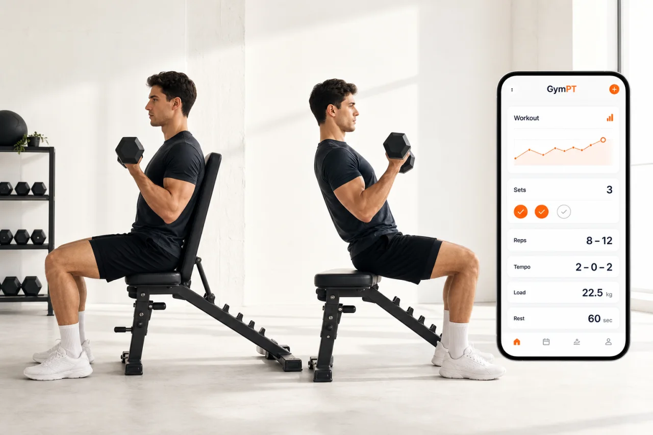 GymPT visual comparing strict curl form with poor swing-based form