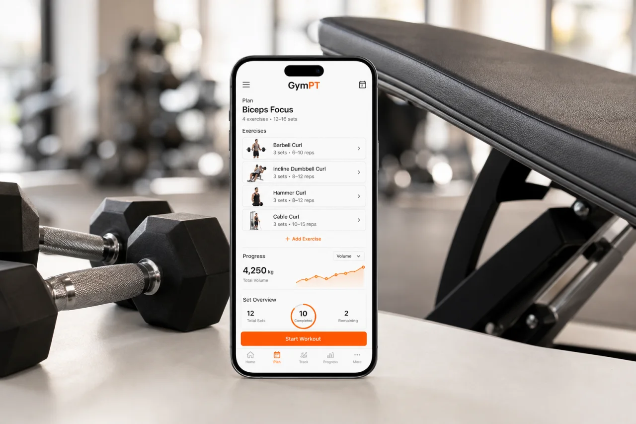 GymPT workout planning screen for biceps training with dumbbells and tracking details