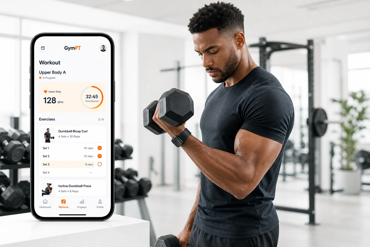 GymPT app and athlete demonstrating a strict dumbbell biceps curl in a premium gym scene