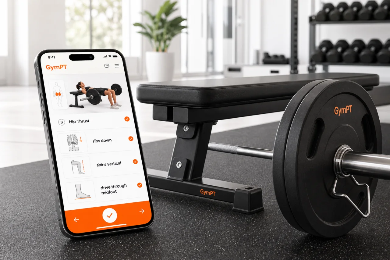 Hip thrust setup checklist in the GymPT app