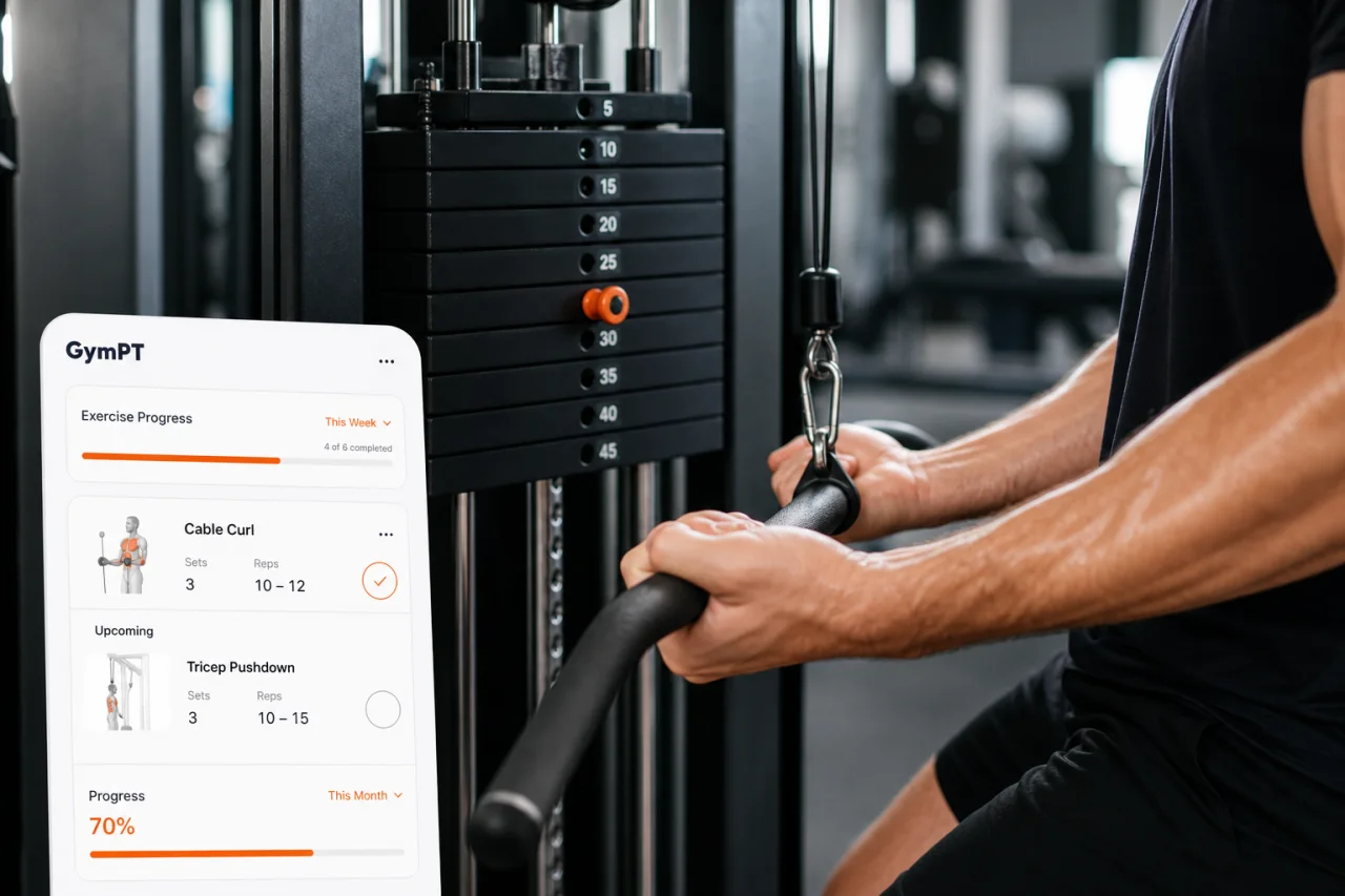 Close-up of cable curl form with GymPT workout tracking UI