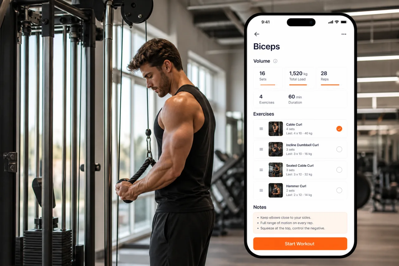 GymPT progress insights screen beside a cable machine