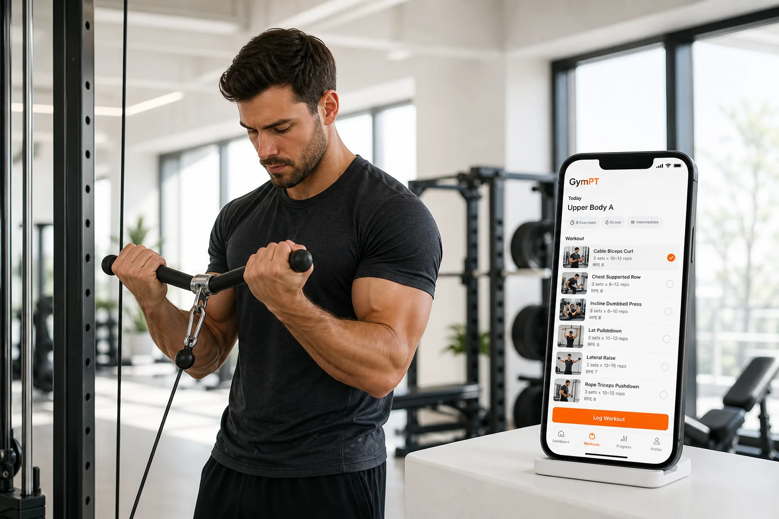 GymPT app and athlete demonstrating a cable biceps curl in a modern gym