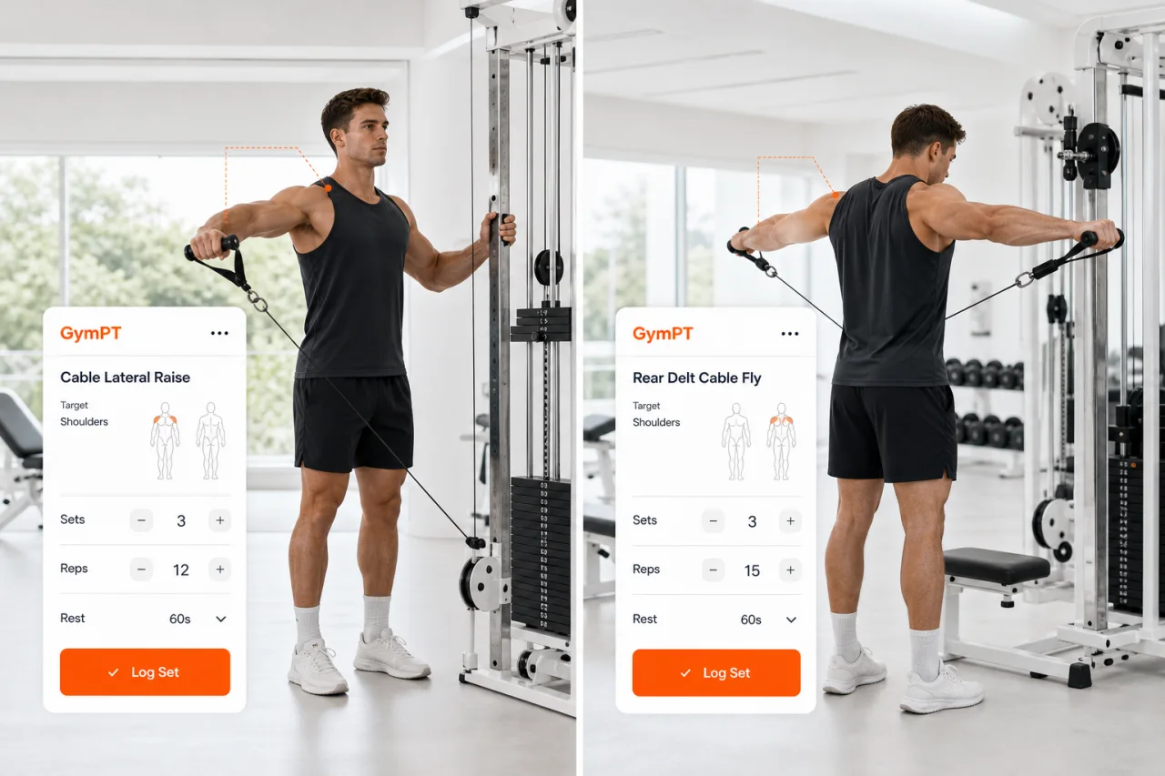 Cable lateral raise and rear delt fly coaching visual in GymPT style
