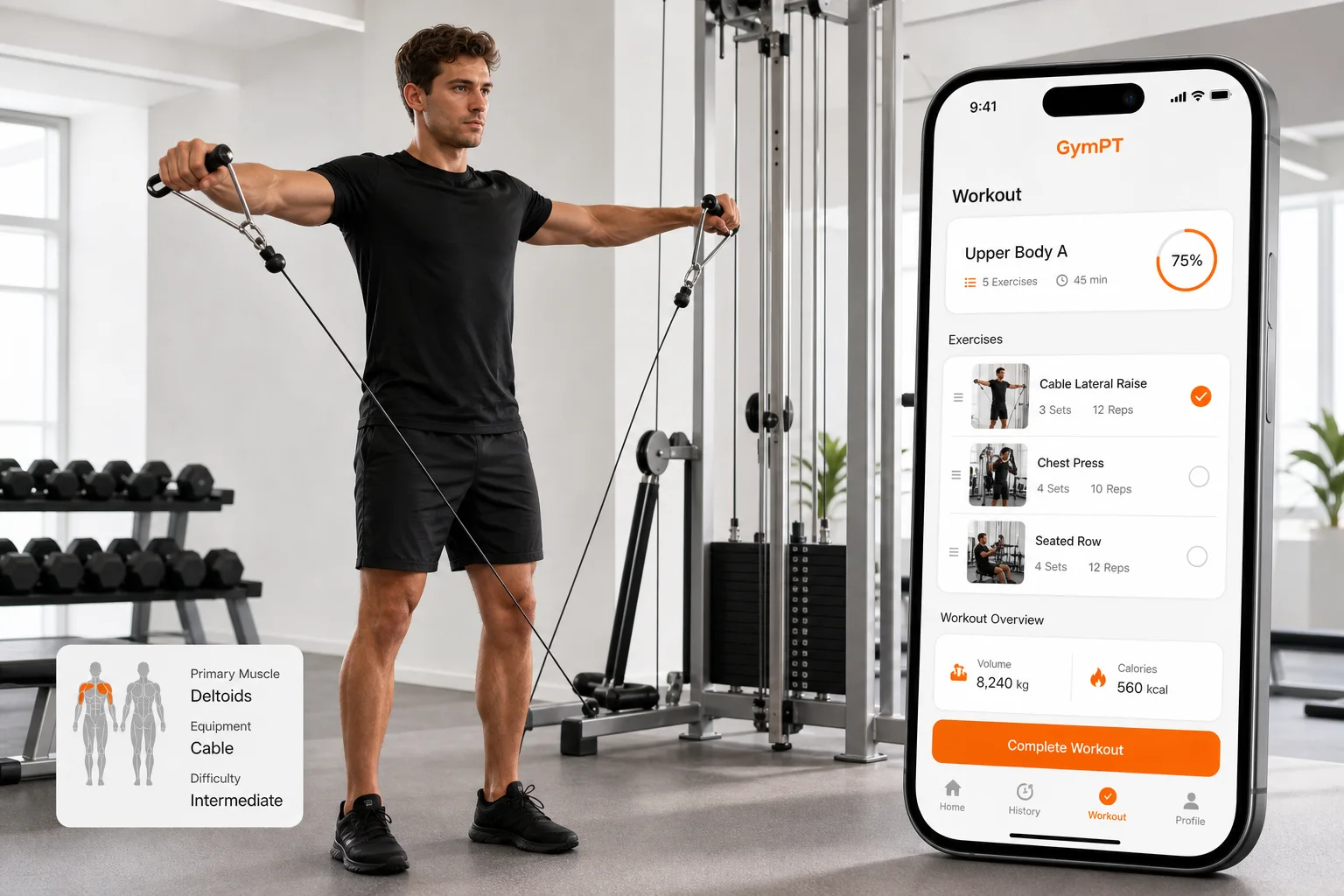 GymPT cable shoulder exercise workout scene with app tracking