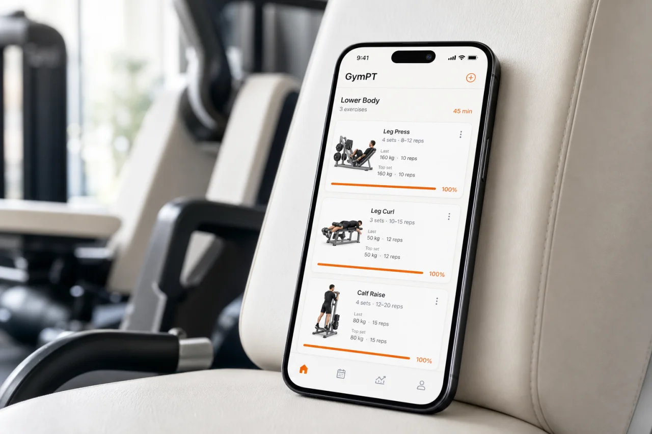 GymPT app workout tracking screen for a machine leg day