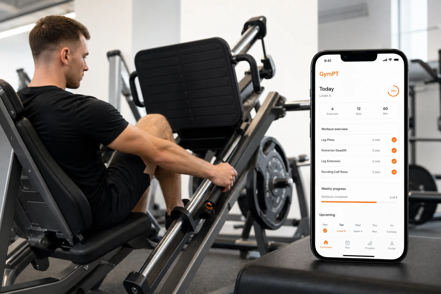 GymPT machine legs workout featured image with leg press setup and app screen