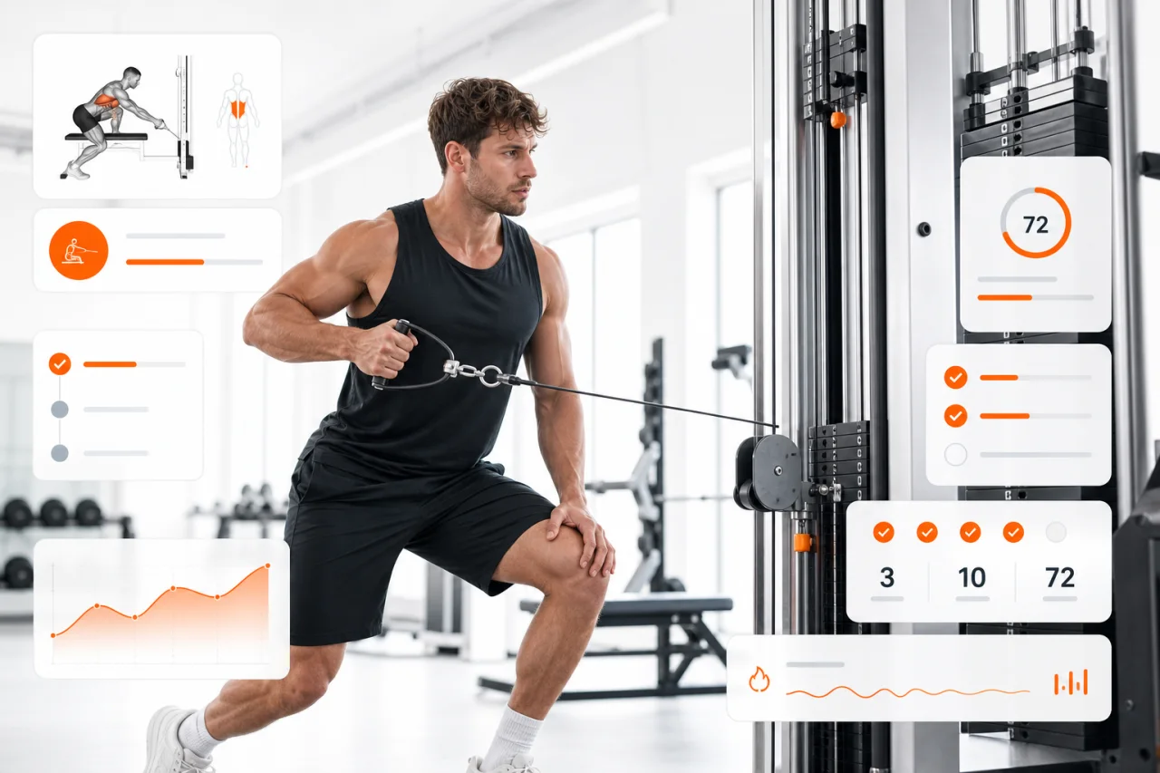 Single-arm cable row with GymPT coaching overlay