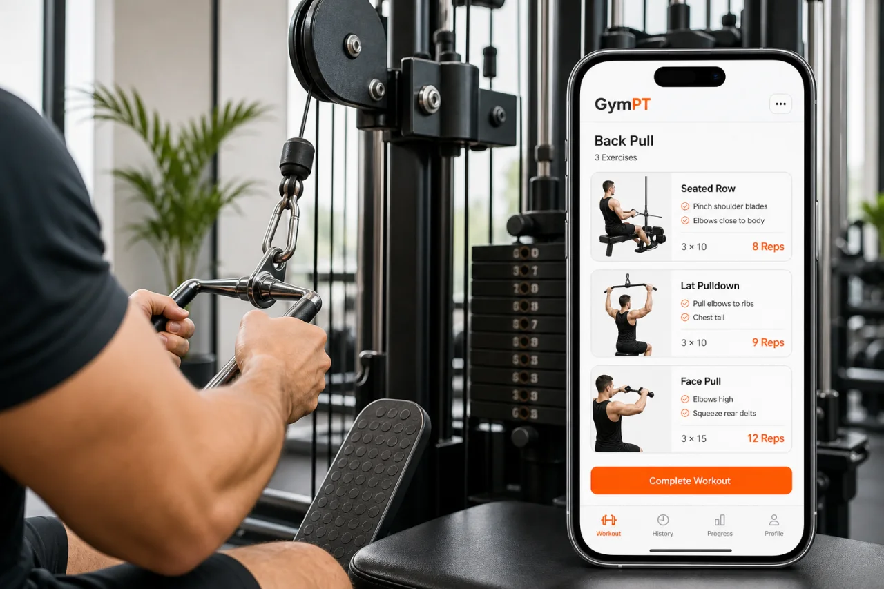 Cable back exercise tracking cards in the GymPT app