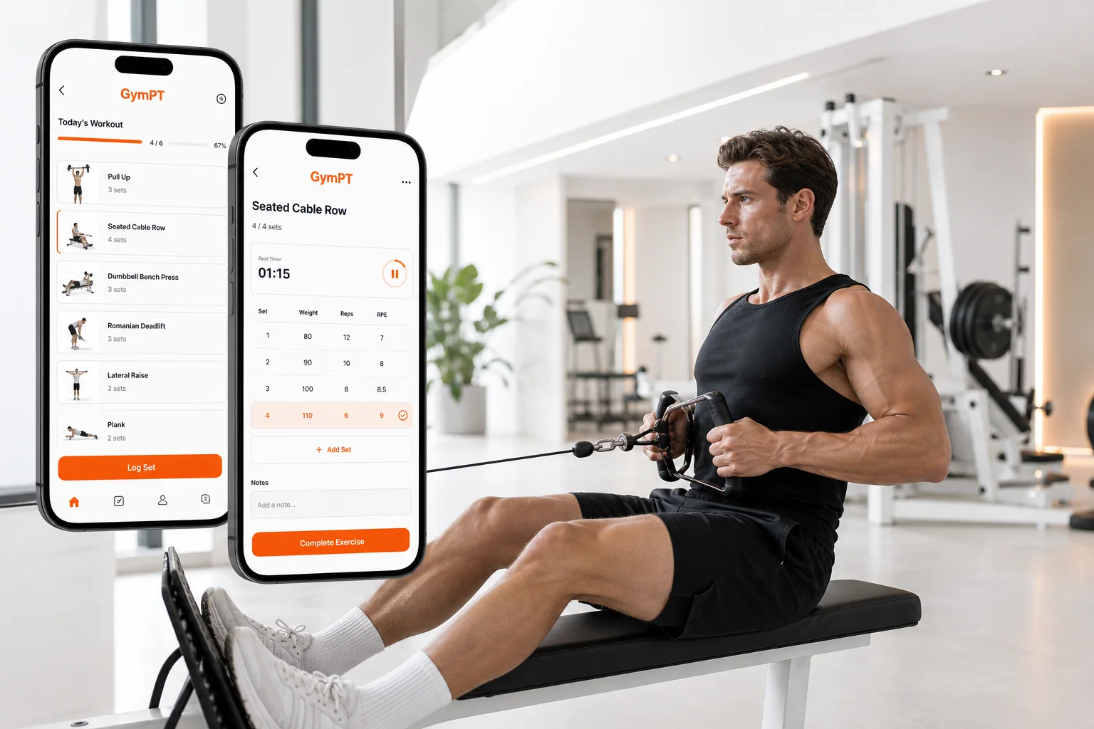 GymPT app visual showing a cable row workout with tracking interface