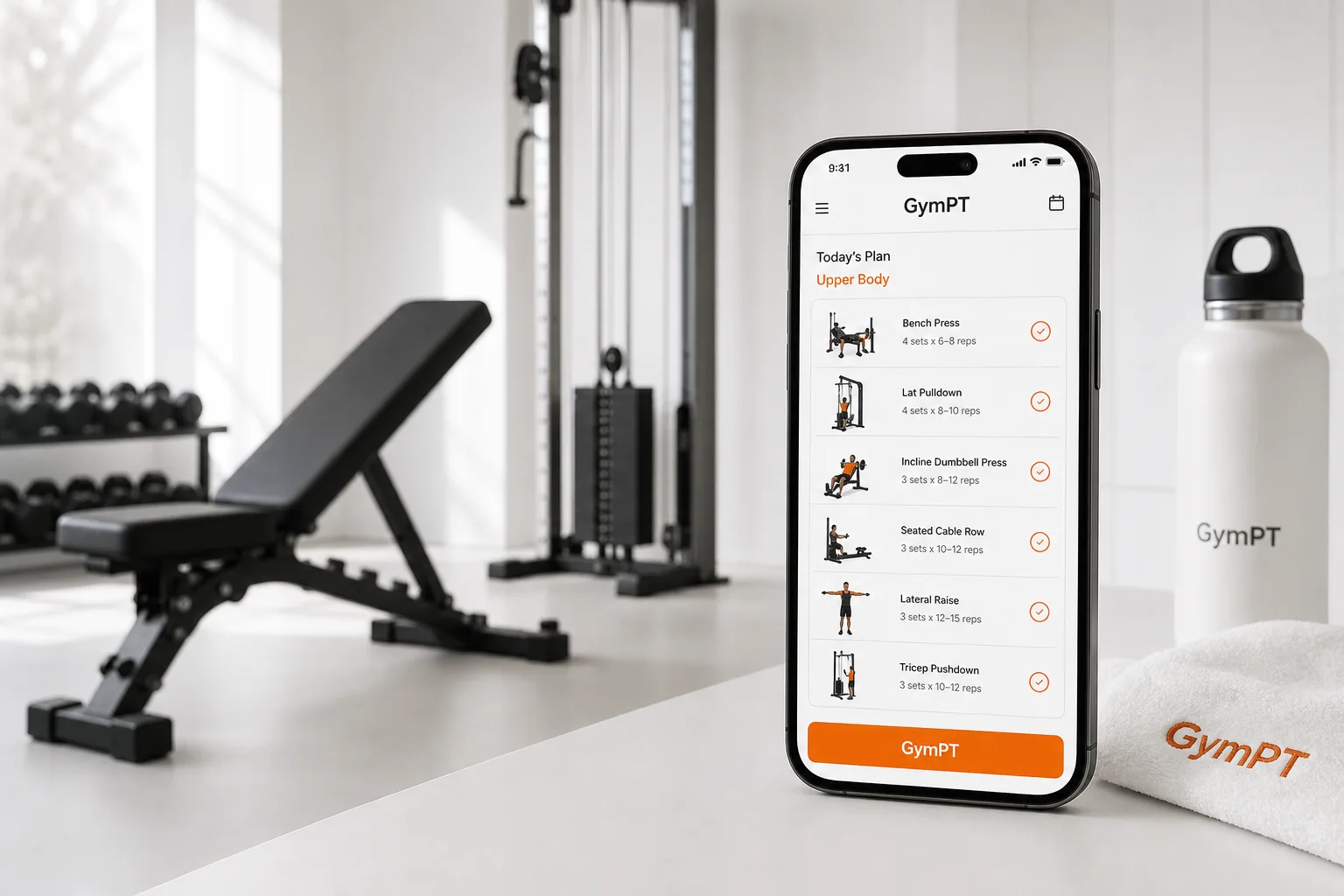 Interface GymPT de plan d’entraînement IA sur smartphone dans un décor de salle de sport premium