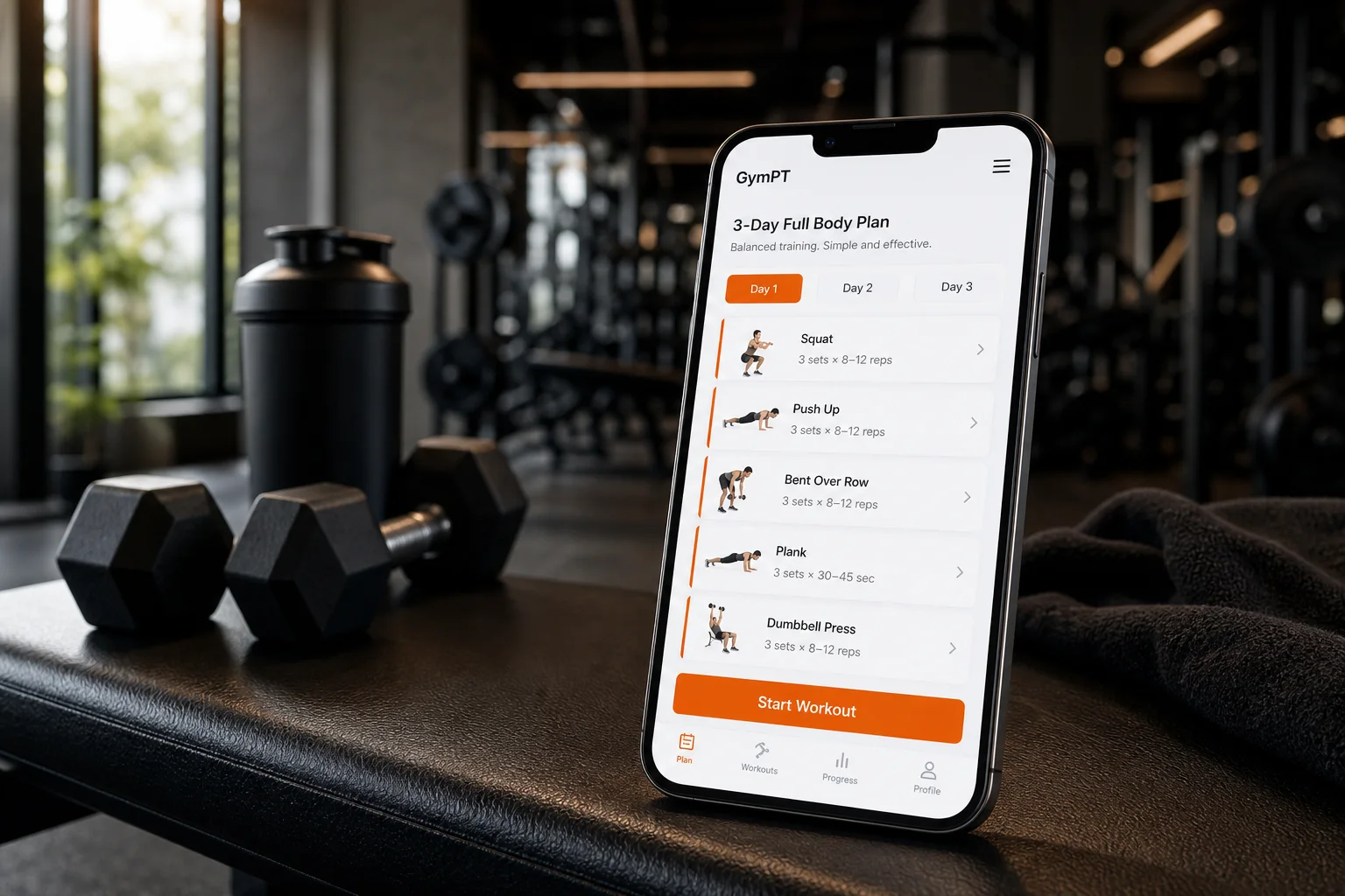 Interface GymPT montrant un plan full body 3 jours dans un décor de salle de sport premium