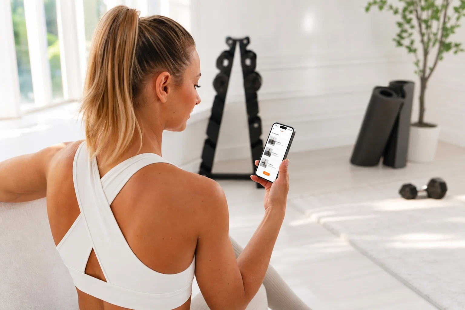 Personne s’entraînant à la maison avec l’interface GymPT sur smartphone
