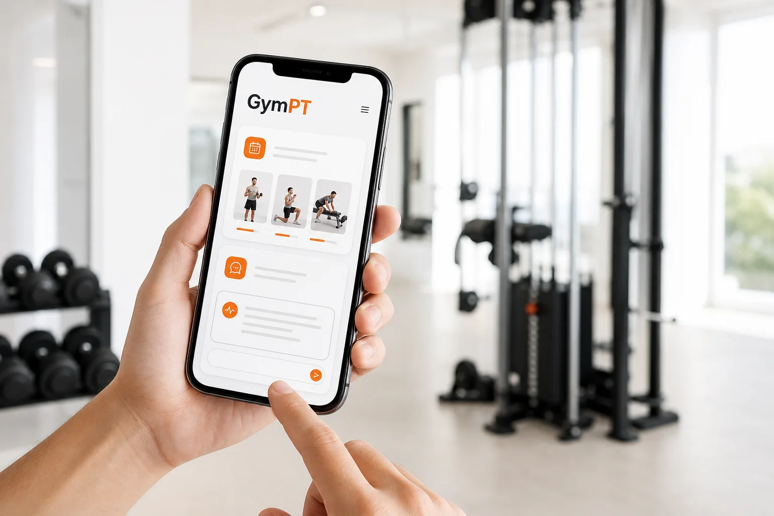 Personne utilisant GymPT comme assistant d’entraînement IA sur smartphone dans une salle de sport moderne