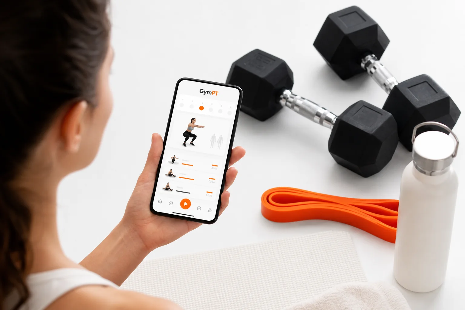 Débutant consultant un plan d’entraînement personnalisé dans l’app GymPT