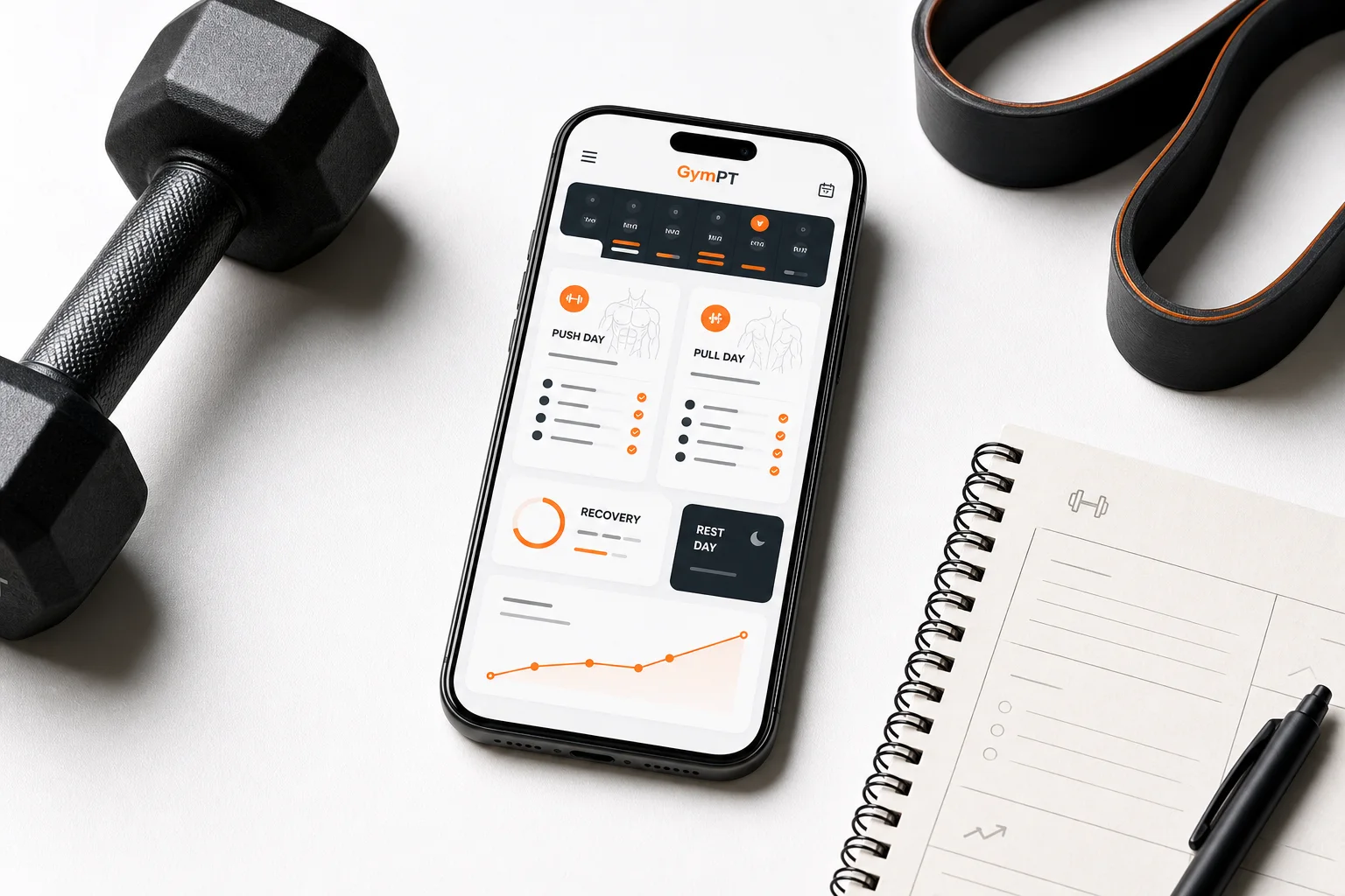 Écran GymPT montrant un plan push pull legs sur 2 jours