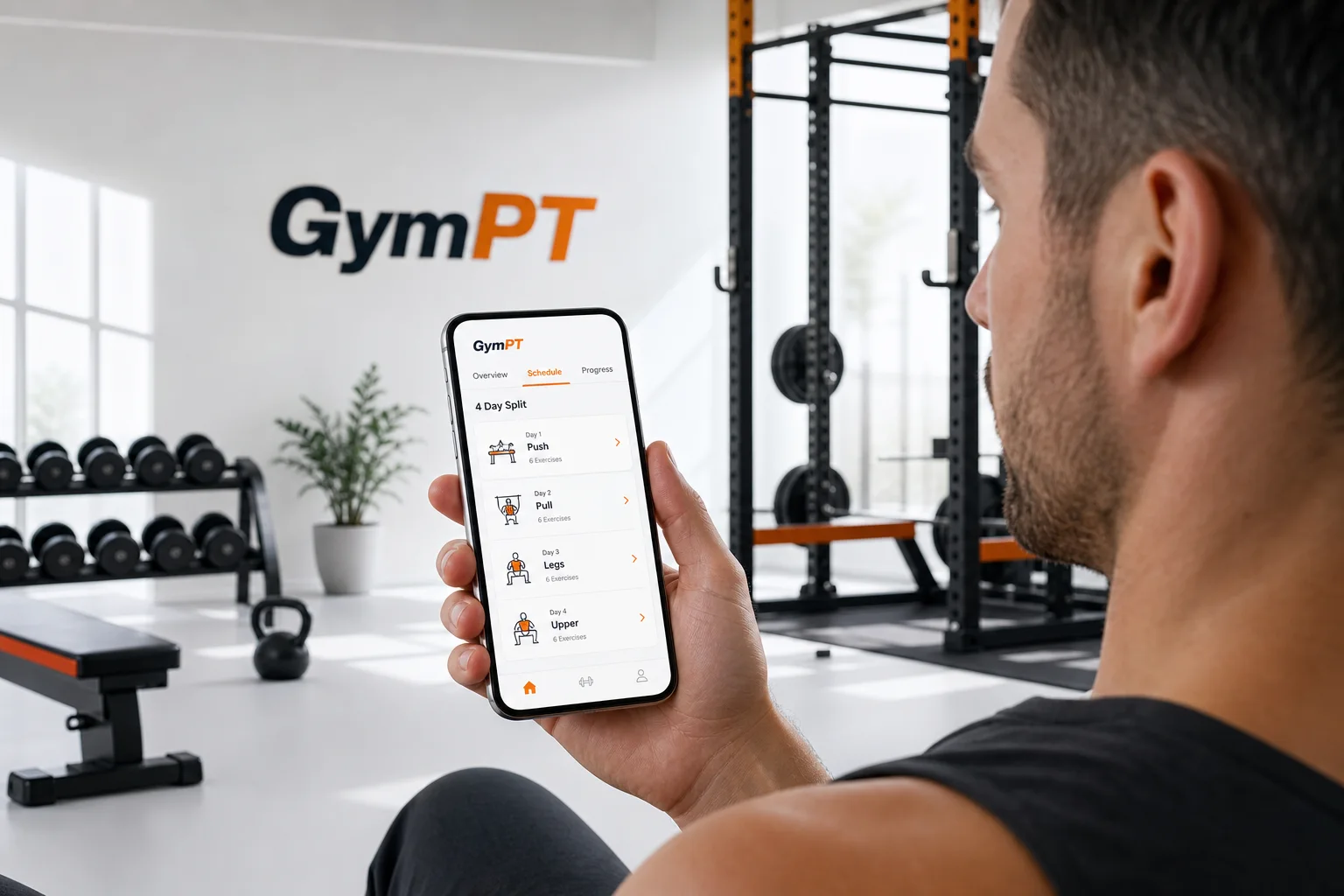 Programme PPL sur quatre jours affiché dans l’application GymPT à côté d’un espace d’entraînement