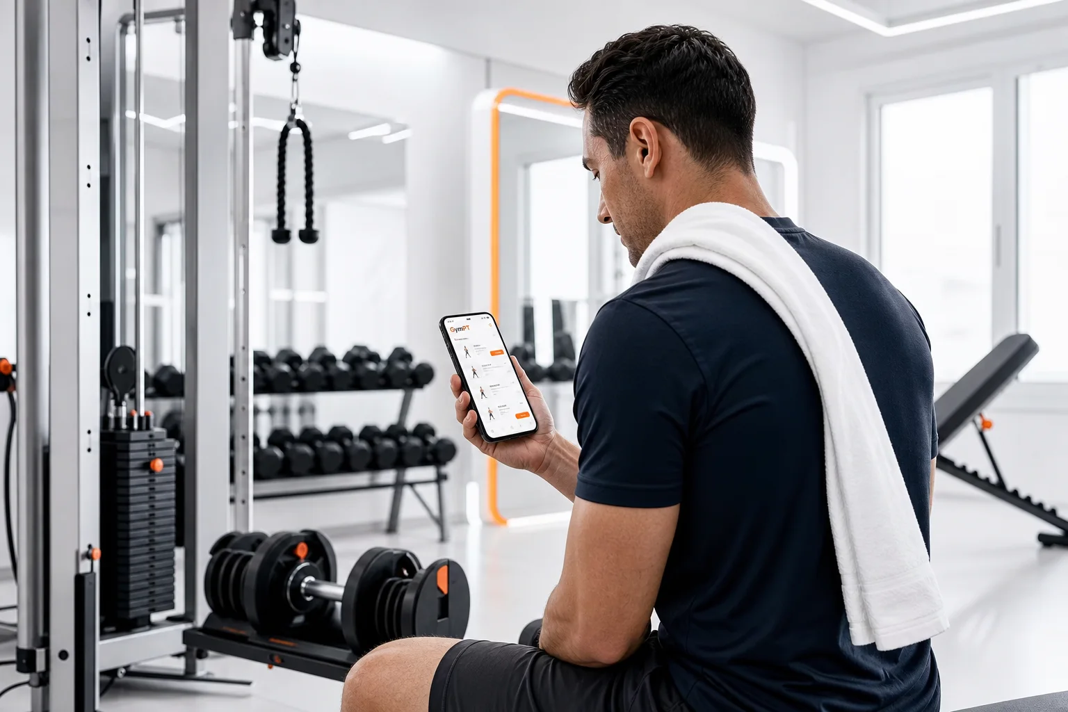 Smartphone GymPT affichant une recommandation d’entraînement personnalisée dans une salle de sport lumineuse