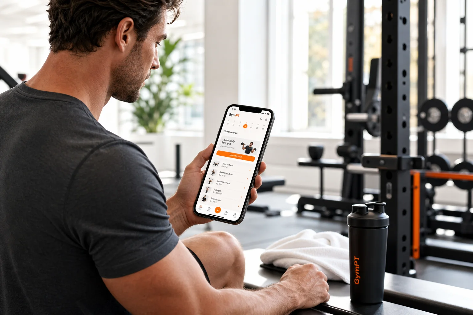 Personne consultant un plan d’entraînement personnalisé GymPT sur son téléphone dans une salle de sport