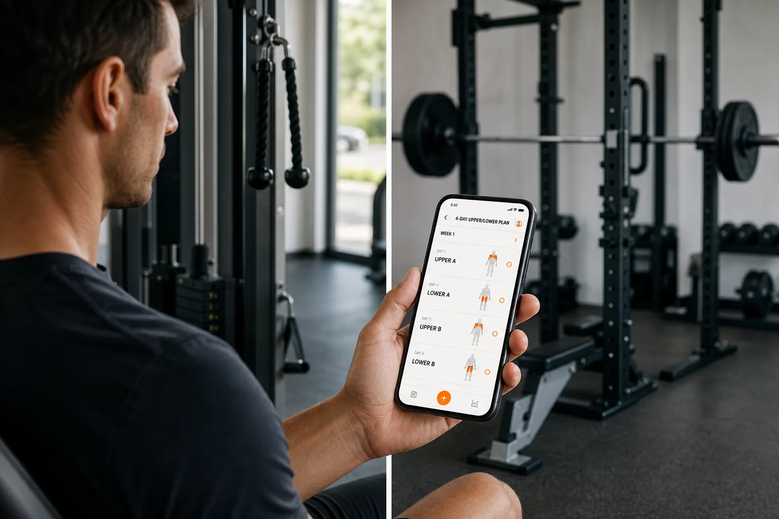 Athlète consultant un programme upper lower sur quatre jours dans l’application GymPT.