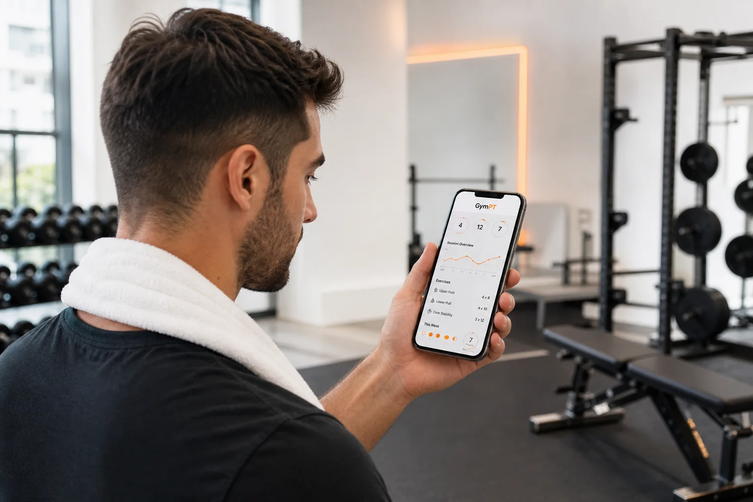 Athlète consultant son journal d’entraînement GymPT dans une salle lumineuse