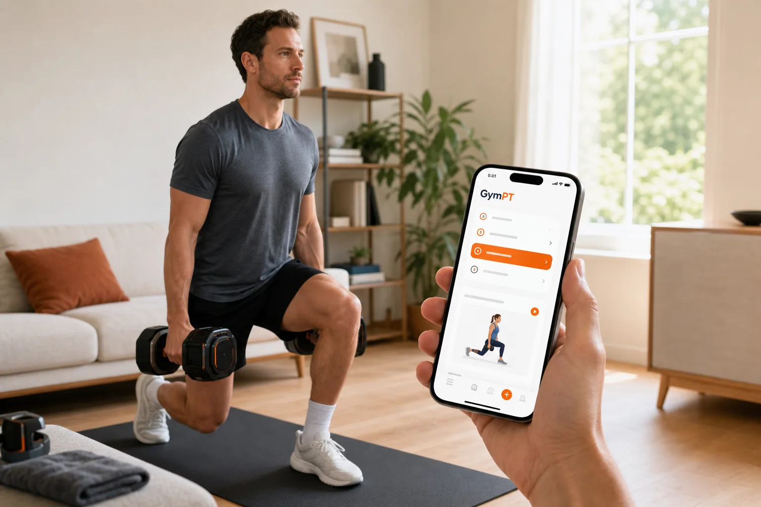 Application GymPT affichant un plan d’entraînement personnalisé dans un espace de fitness à domicile