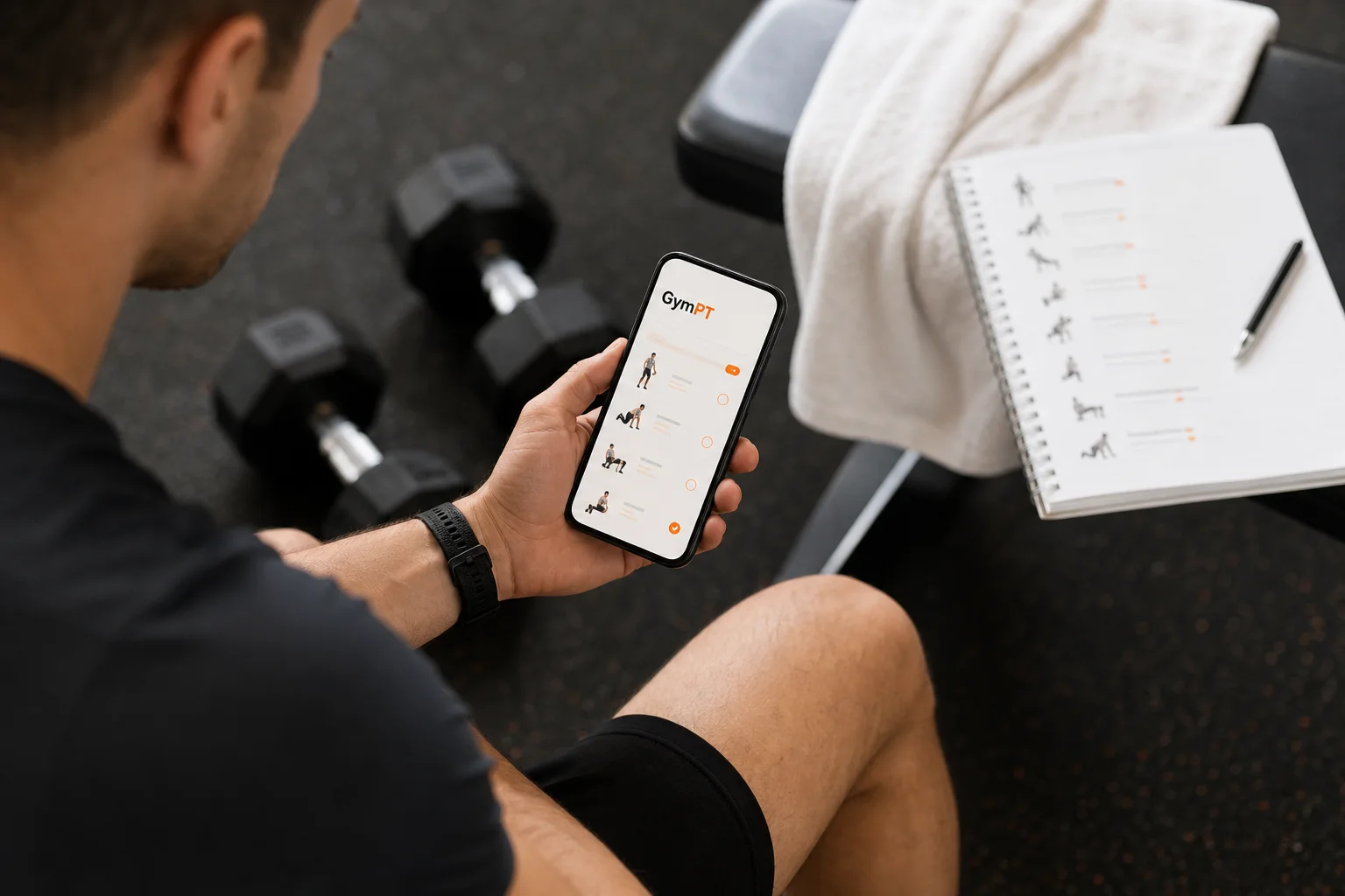 Smartphone affichant un plan d’entraînement personnalisé GymPT dans une salle de sport lumineuse