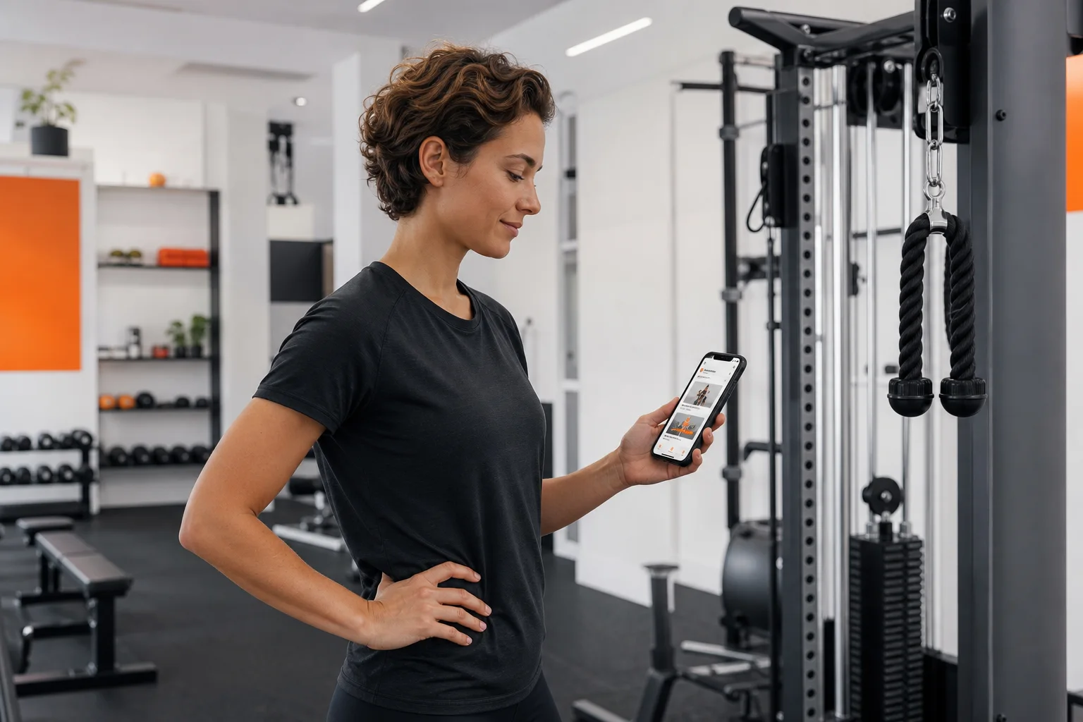 Débutant réalisant un goblet squat avec une séance GymPT affichée sur son smartphone