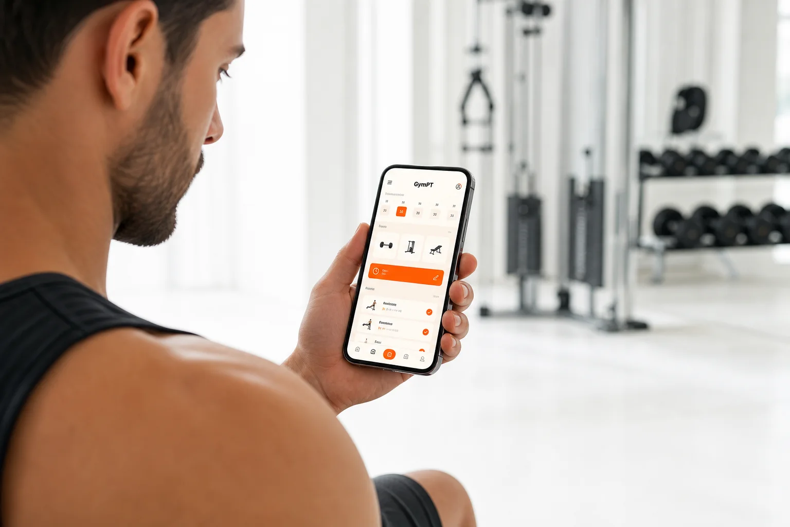 Smartphone affichant un programme d’entraînement adaptatif GymPT à côté d’haltères