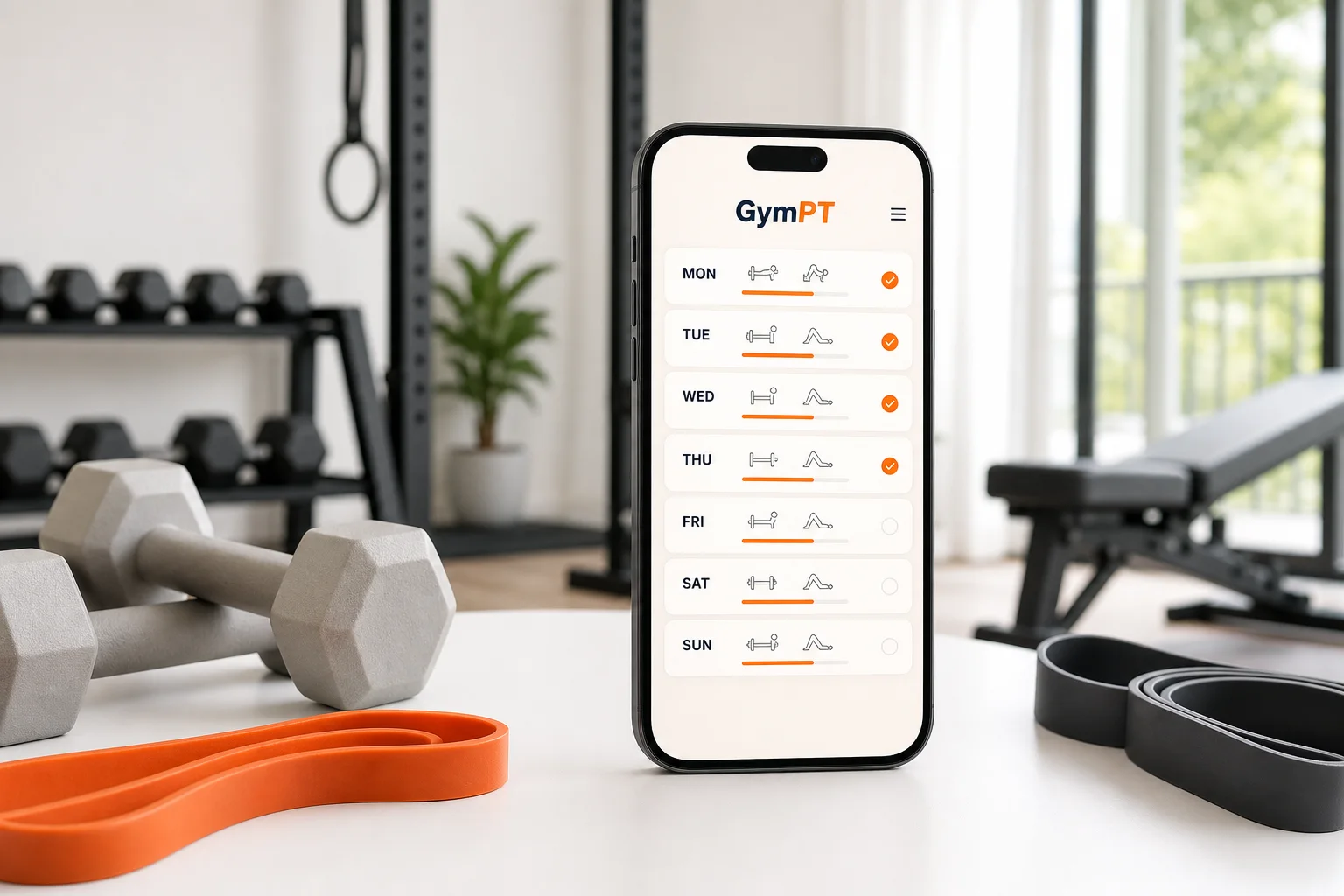 Smartphone affichant un planning hebdomadaire d’entraînement GymPT dans un espace de fitness à domicile